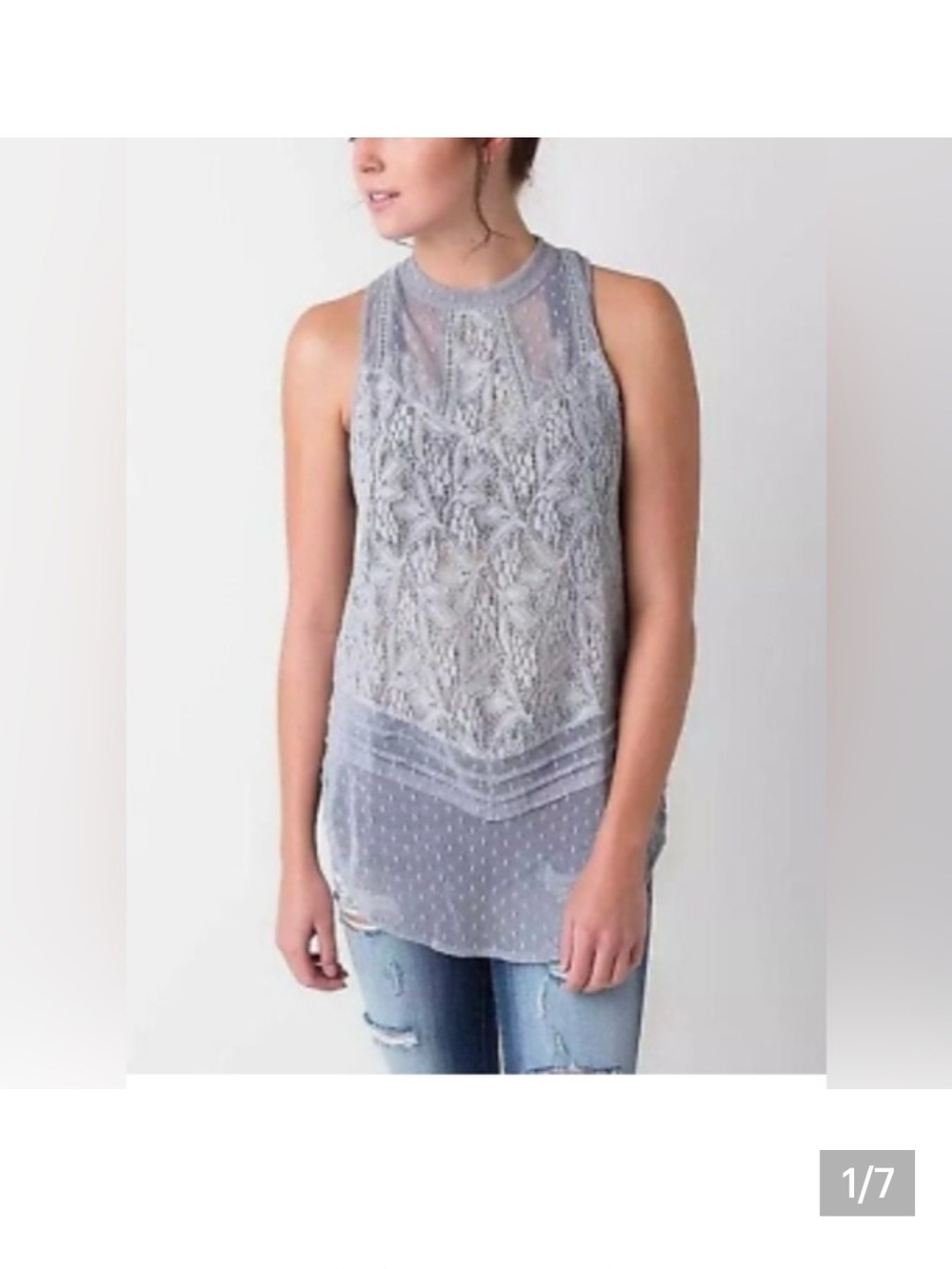 SALE Free People Sleeveless Lace Overlay Tunic - Light Gray
